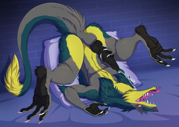 animal_genitalia anthro anus balls bodily_fluids butt claws cum ejaculation erection fur genital_fluids genitals green_body green_fur grey_body grey_fur knot knotted_penis legs_up lying male on_back pawpads paws penis pillow solo tail tongue tongue_out yellow_body yellow_fur re-re brom_(sahurus) sergal absurd_res hi_res