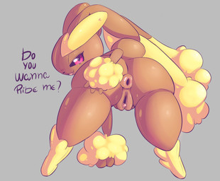 anthro anus arm_tuft bent_over big_anus big_butt big_ears black_sclera brown_body brown_fur butt clitoris cotton_tail dialogue dipstick_ears ear_markings eyebrows female floppy_ears fur genitals grey_background long_ears looking_at_viewer looking_back looking_back_at_viewer lop_ears multicolored_ears nude pink_eyes pokemorph presenting presenting_anus presenting_vulva rear_view simple_background solo talking_to_viewer text thick_eyebrows thick_thighs tuft vulva wide_hips wrist_tuft yellow_body yellow_fur amailemon nintendo pokemon generation_4_pokemon lopunny pokemon_(species)