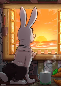 clothed clothed_feral clothing eyewear feral food fur glasses looking_away male scut_tail short_tail solo sunset tail white_body white_fur h1draw raisin_bread cubert_milkway buun mammal 2025 absurd_res hi_res