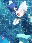 ambiguous_gender anthro blue_body blue_hair duo eyelashes eyes_closed fangs feral gem hair happy open_mouth partially_submerged pearl_(gem) sparkles starfish_(accessory) swimming_pool teeth tongue water white_body sstoh nintendo pokemon asterozoan echinoderm generation_7_pokemon marine pokemon_(species) popplio primarina starfish 2024 3:4 hi_res