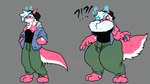 after_transformation anthro beanie big_chest blue_eyes bottomwear caught_off_guard claws clothing exclamation_point fluffy fluffy_chest fur grey_background hand_in_pocket hat headgear headwear horn huge_thighs jacket male pants pawpads paws pecs pink_body pink_fur plushie pockets question_mark shirt simple_background solo standing surprised_expression sweatpants thick_thighs toe_claws topwear transformation white_body white_fur midnite_fsnax rox_(midnite_fsnax) animate_inanimate living_plushie 16:9 hi_res widescreen busty_boy_(lore) trans_(lore) trans_man_(lore)