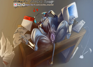 4_toes anus begging bodily_fluids claws clitoris computer desk digitigrade dripping duo electronics feet female feral finger_claws furniture genital_fluids genitals paper pawpads paws presenting presenting_vulva spread_legs spreading table tail tail_tuft thin_tail toe_claws toes tuft vaginal_fluids vulva eissetyr digital_extremes tencent warframe kalymos_(warframe) felid feline kavat mammal 2025 absurd_res hi_res