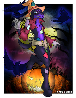 boots clothed clothing cross crossdressing dressing femboy food footwear fruit gloves handwear hat headgear headwear holidays jack-o'-lantern latex magic male patch_(fabric) plant pumpkin scare_crow scarecrow shoes shy solo zipper_lips mangowiki halloween sparky_(sparky_g66) avian bird canid canine canis corvid corvus_(genus) crow domestic_dog mammal oscine passerine absurd_res hi_res