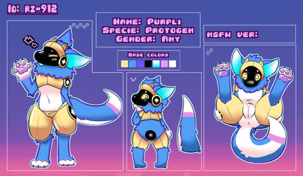 anthro anus belly blue_body blue_fur blue_hair blue_tail blue_tongue blush dipstick_tail eyes_closed female front_view fur genitals hair heart_symbol holding_both_legs looking_at_viewer looking_back looking_back_at_viewer lying machine markings on_back pawpads presenting presenting_vulva protogen_armor protogen_visor rear_view solo tail tail_markings text tongue vulva white_belly white_tail_tip yellow_blush yellow_eyes young bunhideout purpli protogen 2026 absurd_res english_text hi_res model_sheet adult_(lore)