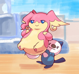 ambiguous_gender anthro blue_body blue_eyes blue_tail brown_nose carrying_another duo eyelashes female hair pawpads paws pink_body pink_hair smile tail tan_body white_body goopyarts con_permiso_que_yo_si_subo_gordas nintendo pokemon pokepark audino generation_5_pokemon oshawott pokemon_(species) 2026 hi_res