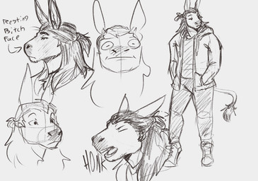 anthro clothed clothing eyes_closed front_view hand_in_pocket jacket male male_anthro mouth_closed narrowed_eyes open_clothing open_jacket open_mouth open_topwear pockets side_view simple_background solo standing tail tail_tuft text topwear tuft jezzlen chuy_(jezzlen) asinus donkey equid equine mammal english_text monochrome sketch sketch_page