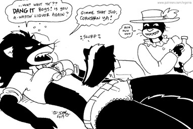 anthro breasts bubble cleavage clothed clothing drunk drunk_bubble female group hat headgear headwear male pillow substance_intoxication text whiskers tegerio zandar's_saga bodb_(zandar's_saga) catherine_o'daisies matholwch_(zandar's_saga) mammal mephitid skunk striped_skunk 2019 english_text monochrome