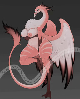 3_toes accessory anthro arm_under_breasts big_breasts black_body black_fur black_lipstick bodypaint breasts chest_tuft feathered_wings feathers feet female fur furgonomics genitals hand_on_crotch head_tuft jewelry lipstick long_beak long_neck long_tail looking_at_viewer makeup markings membrane_(anatomy) navel nipples non-mammal_breasts non-mammal_navel non-mammal_nipples nude nude_anthro nude_female one_foot_up pink_body pink_eyes pink_feathers pink_fur pink_markings pupils slightly_chubby slightly_chubby_anthro slightly_chubby_female slit_pupils smile solo standing striped_markings stripes tail tail_accessory tail_jewelry tail_tuft thick_thighs toes tuft vulva webbed_feet white_body white_feathers white_stripes wide_hips wing_jewelry wings khemmmis mythology fan_character avian bird flamingo gryphon mythological_avian mythological_creature absurd_res hi_res story story_in_description