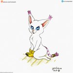 1:1 anthro bandai_namco butt claws claws_out cute_expression cute_eyes digimon digimon_(species) felid feline female fur gatomon hi_res mammal patreon_username sitting sitting_on_ground smile smiling_at_viewer solo tail text url yordraw