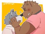 anthro black_nose blush clothing duo eyes_closed kemono kissing male shirt slightly_chubby text topwear green_bell inakamichi bear canid canine mammal 2020 japanese_text