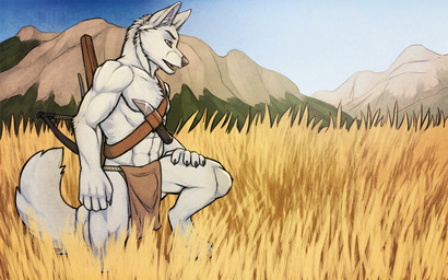 abs anthro athletic biceps big_muscles biped blue_sky bottomwear chest_tuft claws clothed clothing crossbow dagger fangs fur grass grey_eyes hunter kneeling knife loincloth male melee_weapon mountain muscular muscular_anthro muscular_male open_mouth outside paws pecs pink_nose plant pose ranged_weapon sky solo standing tail teeth tongue topless tuft weapon white_body white_fur tsaiwolf wawik canid canine canis jackal mammal 16:10 2013 hi_res widescreen