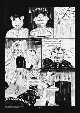 5_fingers 6_panel_comic anthro black_eyes black_hair black_text blood bodily_fluids clothed clothing dialogue duo exclamation_point fingers hair holding_object holding_torch looking_up lying male motion_lines on_back on_ground open_mouth open_smile page_number sharp_teeth smile sound_effects speech_bubble tail talking_to_another teeth text torch wall_(structure) white_sclera white_text wounded leprzil domestic_cat felid feline felis mammal murid murine oriental_shorthair rat rodent artist_name comic english_text hi_res monochrome