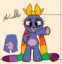 anthro blue_body female floppy_ears front_view green_body hand_on_hip head_bow long_ears multicolored_body multiple_angles orange_body plushie purple_body purple_tail rainbow_body raised_arm rear_view red_body solo tail yellow_body soulcentinel mrs._cuddles animate_inanimate lagomorph leporid living_plushie mammal rabbit colored_sketch model_sheet sketch