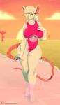 anthro beach big_breasts breasts clothed clothing curvy_figure female hair hourglass_figure one-piece_swimsuit outside seaside smile solo swimwear text thick_thighs walking wide_hips riipley mammal mouse murid murine rodent absurd_res hi_res url