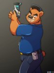 anthro belly black_nose bottomwear brown_body brown_fur clothing fur hat headgear headwear humanoid_hands male pants shirt slightly_chubby solo topwear weapon anilover16 brok_the_investigator cowcat_games r.j._(brok_the_investigator) bear mammal 2023 hi_res