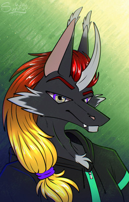 abstract_background anthro equis_universe fangs fluffy fur horn kirinaes male smile solo teeth sunny_way steven_saidon ki'rinaes hi_res portrait