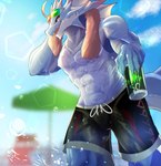 anthro biped clothing fin fin_piercing furgonomics furry-specific_piercing male piercing solo swimming_trunks swimwear towel towel_around_neck dragonlove lifewonders live_a_hero mythology hydoor dragon mythological_creature mythological_scalie scalie 2024 absurd_res colored hi_res
