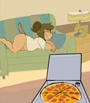 anthro barefoot bottomless brown_hair buckteeth clothed clothing container eyewear feet female food furniture glasses hair pizza pizza_box ponytail slightly_chubby slightly_chubby_female slutty_face sofa solo teeth cchilab cartoon_network regular_show eileen_roberts beaver mammal rodent absurd_res hi_res