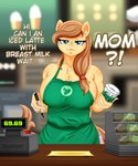 2021 69_(number) accessory anthro apron apron_only bedroom_eyes big_breasts blue_eyes blurred_background breasts brown_hair cash_register chest_tuft clothing container cream_heart_(mlp) cup dialogue dual_holding earth_pony english_text equid equine eyebrow_through_hair eyebrows eyelashes fan_character female food fur green_apron green_clothing hair hair_accessory hair_tie hasbro hi_res holding_container holding_cup holding_object holding_pen horse i_mean_breast_milk inner_ear_fluff long_hair looking_at_viewer mammal mature_female meme morestar mostly_nude muffin my_little_pony narrowed_eyes pen pony seductive shaded solo tan_body tan_fur text translucent translucent_hair tuft writing_utensil