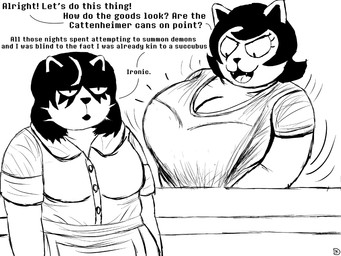 anthro big_breasts breasts cleavage clothed clothing dialogue duo fangs female half-closed_eyes narrowed_eyes overweight overweight_anthro overweight_female teeth text waitress_uniform komododad deltarune undertale_(series) catti_(deltarune) catty_(undertale) domestic_cat felid feline felis mammal 2025 4:3 black_and_white comic english_text hi_res monochrome sibling_(lore) sister_(lore) sisters_(lore)