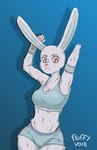 amputee anthro armwear big_breasts big_ears blue_body bottomwear breasts clothing digit_ring disability exercise female fur jewelry red_eyes ring shirt shorts solo tank_top topwear wedding_ring white_body white_fur fluffy_void betty_(fluffy_void) lagomorph leporid mammal rabbit hi_res