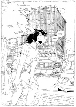 anthro bangs big_ears biped black_hair blush bodily_fluids bottomwear building car clothing denim denim_bottomwear denim_clothing detailed_background dialogue female hair hands_on_knees hands_on_legs inner_ear_fluff jeans open_mouth outside pants plant saliva shirt solo speech_bubble street_sign sun sweat t-shirt text tired topwear tree tuft vehicle decafbat bat mammal 2025 english_text hi_res monochrome pen_(artwork) traditional_media_(artwork) trans_(lore) trans_woman_(lore)