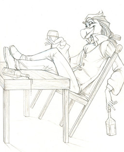 5_fingers anthro beak beverage biped boots bottle bottomwear chair clothed clothing container crossed_legs cup drinking_glass drunk fingers footwear fully_clothed furniture glass glass_container glass_cup holding_bottle holding_container holding_glass holding_object humanoid_hands looking_aside looking_at_viewer male pants shoes simple_background sitting smile solo substance_intoxication table white_background wine_glass hibbary avian greyscale monochrome sketch