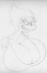 anthro big_breasts breasts clothing collarbone eyelashes female grin hair half-closed_eyes looking_down narrowed_eyes non-mammal_breasts sharp_teeth short_hair smile solo teeth topwear sbshouseofpancakes amphibia_(series) disney general_yunan amphibian newt salamander 2022 monochrome traditional_media_(artwork)