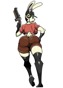 anthro big_butt butt clothed clothing female gun hand_on_hip ranged_weapon shotgun solo weapon akumufluffy team_fortress_2 valve lucy_(usernamecipher) scout_(team_fortress_2) lagomorph leporid mammal rabbit