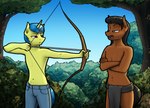 5_fingers anthro archery arrow_(weapon) black_hair blue_eyes blue_hair blue_sky bottomwear bow_(feature) brown_body brown_fur clothed clothing crossed_arms duo fingers forest fur glistening glistening_hair hair holding_object holding_weapon horn leaf lesson loincloth loincloth_only male native_american native_american_clothing open_mouth outside plant ranged_weapon red_eyes shirtless shirtless_anthro shirtless_male sky talking_to_another topless topless_anthro topless_male tree weapon yellow_body yellow_fur apocheck13 conditional_dnp mythology patreon flash_gordon moonshadow_(oc) equid equine horse mammal mythological_creature mythological_equine unicorn artist_name hi_res portrait three-quarter_portrait