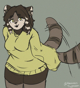 anthro big_breasts big_butt bottomwear breasts brown_body brown_fur brown_hair butt clothed clothing fangs female fully_clothed fur green_eyes hair happy looking_at_viewer motion_lines open_mouth shorts simple_background smile smiling_at_viewer solo standing sweater tail tail_motion tailwag teeth thick_thighs three-quarter_view topwear wide_hips raccoontyphoon caitlyn_(raccoontyphoon) mammal procyonid raccoon flat_colors hi_res portrait sketch three-quarter_portrait