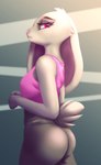 anthro breasts butt butt_pose clothing eyelashes female fur grey_body grey_fur leggings legwear markings pose profile purple_eyes raised_tail side_view solo tail tail_markings thick_eyelashes thick_tail thick_thighs tight_clothing topwear turned_away turned_back wide_hips sponatam lagomorph leporid mammal rabbit