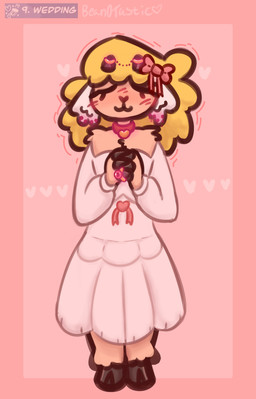 anthro arm_tuft blonde_hair blush bow_ribbon chest_tuft clothing collar control_collar cursed_object digit_ring dress ear_piercing eyelashes eyes_closed femboy fingers hair hooved_fingers hooves horn horn_jewelry hypnosis jewelry male mind_control piercing ring shoulder_tuft solo standing tuft wedding_dress wedding_ring bean0tastic hypnovember beanie_(bean0tastic) bovid caprine mammal sheep hi_res tagme