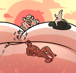 anthro balls big_muscles big_nipples big_pecs chest_tuft cloud erection genitals gesture group hair hair_bun long_tail looking_at_another lying macro male muscular navel nipples on_back pecs penis red_sclera sky smile tail trio tuft waving joebluefox joe_(joebluefox) felid mammal mouse murid murine pantherine rodent tiger absurd_res hi_res