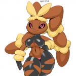 1:1 big_ears black_clothing black_sclera breasts brown_body brown_fur clothed clothing dark_body dark_fur female floppy_ears front_view fur generation_6_pokemon gloves half-closed_eyes hand_on_hip handwear lagomorph lingerie long_ears looking_at_viewer mammal mega_evolution mega_lopunny narrowed_eyes navel nintendo pink_eyes pink_nose pokemon pokemon_(species) portrait simple_background smile smirk solo standing thick_thighs three-quarter_portrait white_background wide_hips xylas