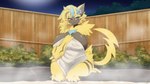 anthro big_breasts blonde_hair breasts covering covering_self curvy_figure female foot_in_water fur hair hot_spring huge_breasts night nude outside sitting sky solo star tail thick_thighs towel towel_only voluptuous water yellow_body yellow_fur monokurosekai06 nintendo pokemon aurora_(nbanoob) felid generation_7_pokemon legendary_pokemon mammal pokemon_(species) zeraora 16:9 hi_res widescreen