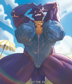 absorption_vore anthro aroused beach big_breasts bodily_fluids breasts bulge camel_toe clothing female female_pred inside muscular smile smirk spread_legs spreading suit sweat swimwear tail unusual_vore vore pip_the_rat_(artist) mythology canid canine dragon fox mammal mythological_creature mythological_scalie scalie absurd_res hi_res