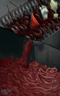 ambiguous_gender anthro blood bodily_fluids death feet food gore grinder machine meat meat_grinder shredder_(machine) simple_background snuff solo lil_beetle rakka_batflower bat mammal absurd_res hi_res