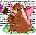 anthro big_bow bow_(feature) bow_accessory bow_in_back bow_ribbon breasts brown_body brown_fur buckteeth candy chocolate dessert featureless_breasts female food fur grass heart_eyes heart_in_pupils heart_pupils heart_symbol mascot melting neck_bow open_mouth plant profanity pubes simple_background solo teeth text text_in_background tongue tongue_out white_background 100_nails cadbury cadbury_bunny lagomorph leporid mammal rabbit 2022 absurd_res english_text hi_res