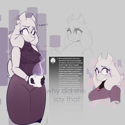 anthro bottomwear clothed clothing coffee_mug dialogue eyeliner eyewear female fur glasses makeup skirt solo sweater sweater_vest text topwear vest white_body white_fur caprimesun_(artist) undertale_(series) toriel boss_monster_(undertale) bovid caprine goat mammal 1:1 english_text hi_res