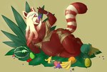 anthro banana biped blonde_hair blue_eyes breasts brown_background cantaloupe clothing eating eyewear female food fruit glasses hair leaf lying melon nipples nude on_side overweight overweight_anthro overweight_female plant simple_background solo tail watermelon yubari_king_cantaloupe 7-car-pileup ailurid mammal red_panda