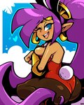 bare_shoulders breasts brown_body brown_skin butt clothing ear_piercing ear_ring female hair hoop_ear_ring humanoid_pointy_ears leotard long_hair not_furry one_eye_closed open_mouth open_smile piercing ponytail purple_hair ring_piercing sitting smile solo wink legendofnerd shantae_(series) wayforward shantae genie humanoid 2022 4:5 hi_res signature