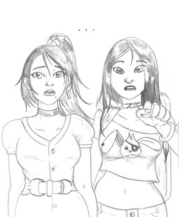 backpack bracelet breasts choker clothed clothing duo ellipsis female hair human_only jewelry midriff navel necklace not_furry arania the_cabin_in_the_woods_(arania) eveleen_(tcitw) suki_(tcitw) human mammal comic hi_res monochrome