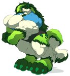 anthro big_breasts blue_clothing blue_topwear bottomwear breasts claws clothing female fur green_body green_claws green_fur green_hair green_nose hair hyper looking_at_viewer muscular muscular_female shorts simple_background smile solo standing topwear white_background freebird11 canid mammal 2018 hi_res