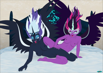 5_fingers after_transformation anthro aroused aroused_female bed bedroom black_body black_breasts black_nipples blue_glow breasts corruption crown dark_breasts dark_nipples duo feathered_wings feathers female female/female fingers furniture glowing hair headboard headgear horn multicolored_hair narrowed_eyes nipples nude nude_anthro nude_female open_mouth purple_body purple_breasts purple_nipples sex spread_legs spread_wings spreading tribadism vaginal wings fab3716 equestria_girls hasbro idw_publishing my_little_pony my_little_pony_(idw) midnight_sparkle_(eg) nightmare_rarity_(idw) humanoid winged_humanoid hi_res