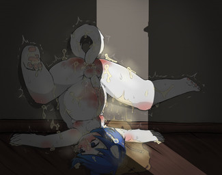 after_anal after_rape after_sex anal anal_penetration anthro blue_eyes blue_hair blush blush_stickers bodily_fluids butt claws cum cum_covered cum_drip cum_in_ass cum_in_hair cum_in_mouth cum_inflation cum_inside cum_on_belly cum_on_body cum_on_butt cum_on_face cum_on_leg cum_on_pawpads cum_on_tail dripping emanata finger_claws floor genital_fluids genitals hair humanoid_genitalia humanoid_penis inflation looking_aside male messy navel nude_anthro nude_male open_mouth penetration penis reddened_balls reddened_butt solo tail tail_fetish tail_in_ass tail_in_own_ass tail_insertion tail_play urine urine_on_ground white_body wood wood_floor young young_anthro young_male ayahama_vore domestic_cat felid feline felis mammal hi_res