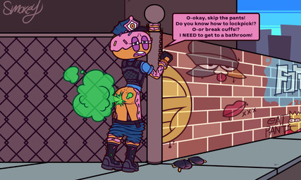 asking_for_help barely_visible_genitalia barely_visible_vulva belt black_boots black_clothing black_footwear black_topwear black_vest blue_bottomwear blue_clothing blue_eyes blue_jeans blue_pants blue_shirt blue_topwear blush blush_lines boots bottomwear bottomwear_down bound brick brick_wall broken_glasses butt chain chained chained_cuffs chained_to_pole clothed clothing cuff_(restraint) denim denim_bottomwear denim_clothing dessert dialogue doughnut embarrassed exposed eyebrows eyelashes eyewear fart fart_cloud female fence fingerless_gloves food footwear freckled_butt freckles frown genitals glasses gloves graffiti green_fart_cloud greeting handcuffed handcuffed_to_pole handcuffs handwear hat headgear headwear jeans looking_at_viewer looking_back looking_back_at_viewer metal_cuffs open_frown open_mouth pants pants_around_knees pants_down partially_clothed pastry pink_body police police_officer purple_eyelids rear_view restraints shirt shoes sidewalk solo speech_box sprinkles sunglasses tan_body text topwear uncomfortable vest vulva wall_(structure) smokey_the_menish epic_games fortnite the_simpsons bart_simpson constable_sprinkle_(fortnite) meow_skulls food_creature food_humanoid humanoid 2026 5:3 absurd_res english_text hi_res signature