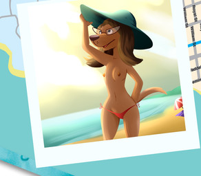 anthro beach black_eyes black_nose breasts brown_body brown_fur brown_hair clothed clothing detailed_background eyewear female flat_chested freckles fur glasses hair hat headgear headwear looking_away looking_up navel nipples outside photo sand seaside solo sun swimwear text topless towel umbrella underwear water lonbluewolf google google_doodle canid canine canis domestic_dog mammal digital_media_(artwork) english_text hi_res