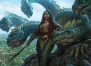 5_heads ambiguous_gender armor black_body black_hair claws detailed_background dreadlocks duo female feral forest gold_(metal) gold_jewelry green_body green_scales hair holding_melee_weapon holding_object holding_polearm holding_spear holding_weapon jewelry jungle melee_weapon multi_head outside plant polearm ruins scale_armor scales spear tattoo tree weapon ryan_pancoast european_mythology greek_mythology hasbro magic:_the_gathering mythology wizards_of_the_coast human hydra mammal hi_res official_art