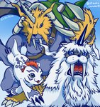 anthro blue_eyes evolutionary_family feral fluffy fur green_eyes group hair hammer horn male muscular muscular_anthro orange_body orange_fur red_hair tools trio tusks white_body white_fur mokutanuko bandai_namco digimon digimon_(species) gomamon ikkakumon zudomon